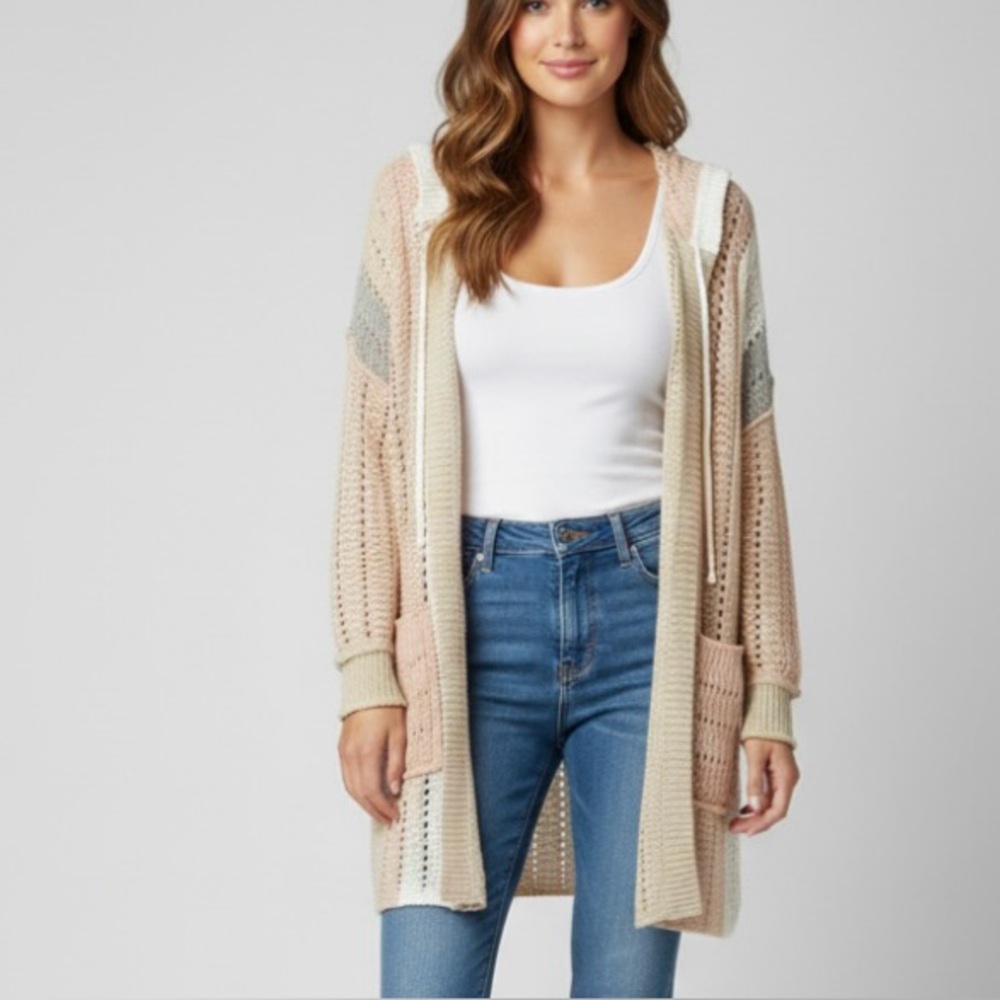 POL loose knit open front lightweight cardigan beach cardigan pockets hooded S